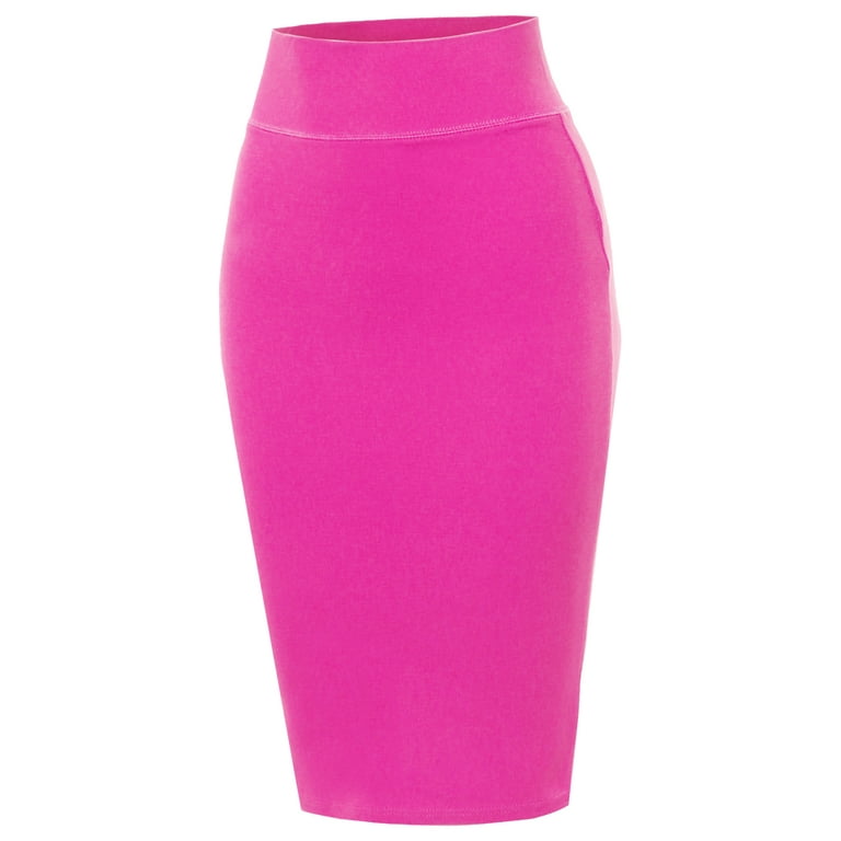 A2Y Women's Basic Solid Ponte Knee Length Slit Techno Span High Waist  Pencil Skirt Neon Pink S 
