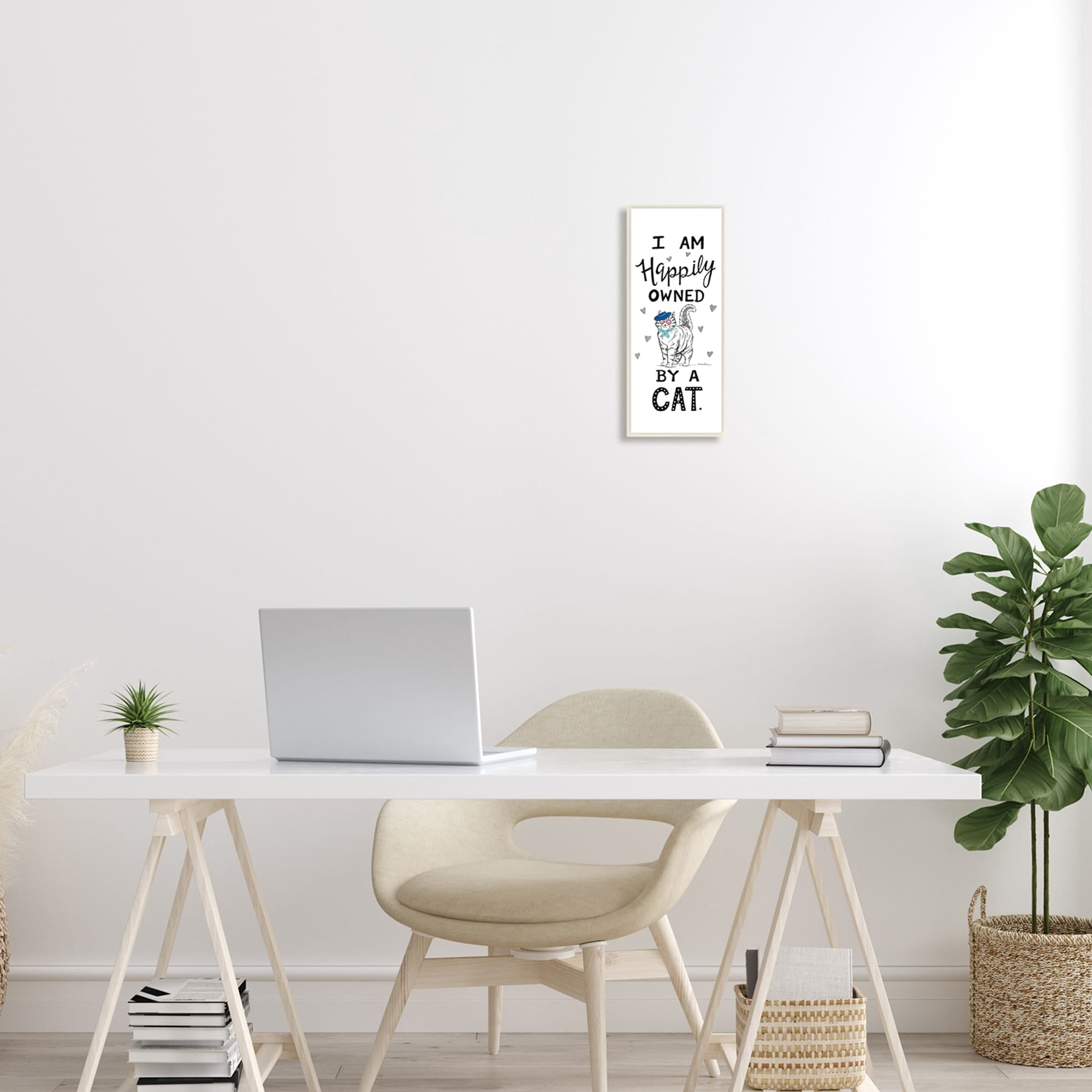 Stupell Industries Happily Owned By Cat Funny Phrase Feline French Beret Graphic Art Unframed Art Print Wall Art, 7x17, by Deb Strain