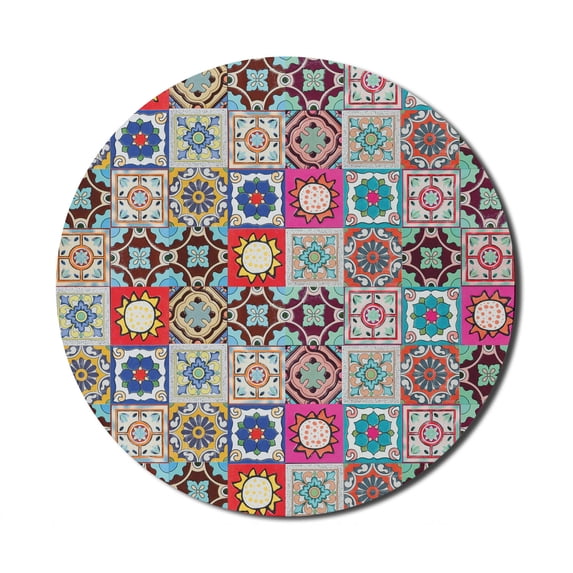 Moroccan Mouse Pad for Computers, Arrangement of Ceramic Mosaic Tiles and with Mathematical Geometric, Round Non-Slip Thick Rubber Modern Gaming Mousepad, 8" Round, Multicolor, by Ambesonne