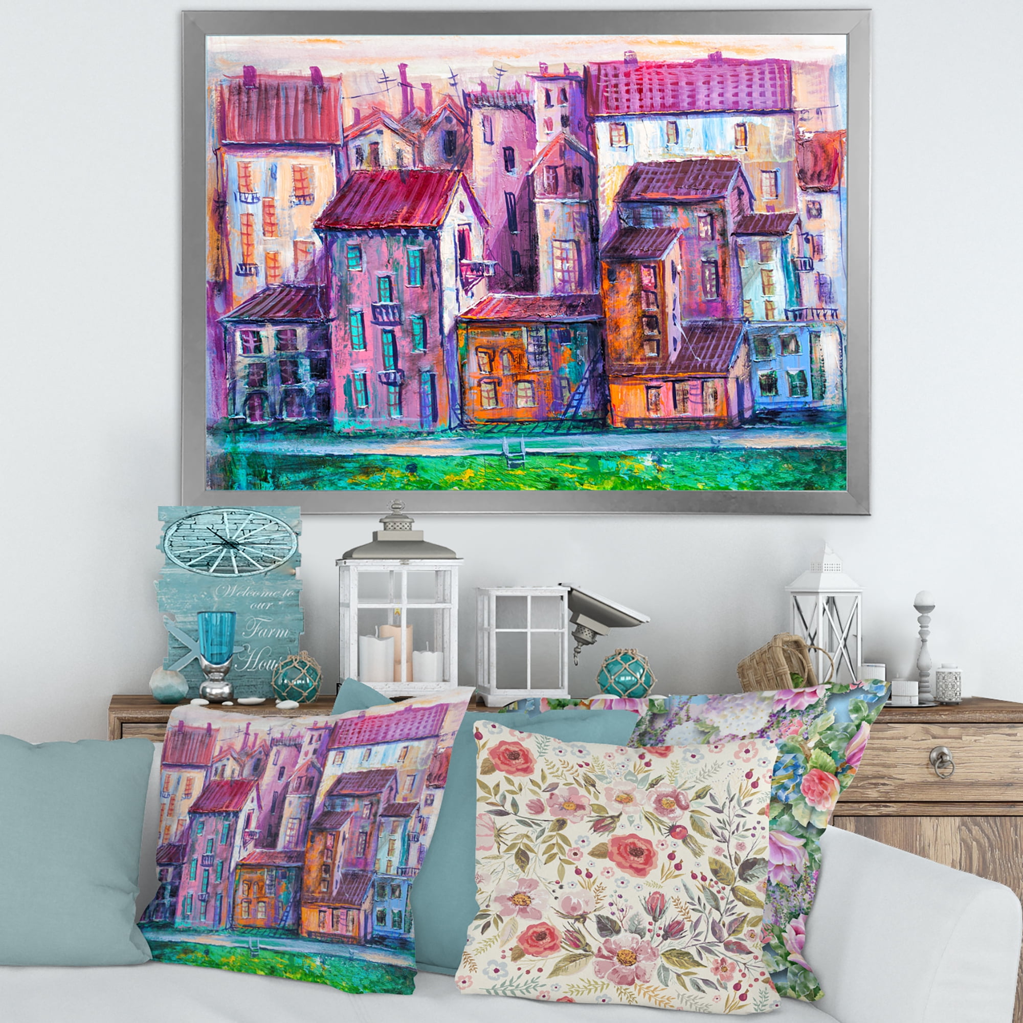 Designart 'Street With Colorful Old Homes Landscape' Modern Framed Art Print