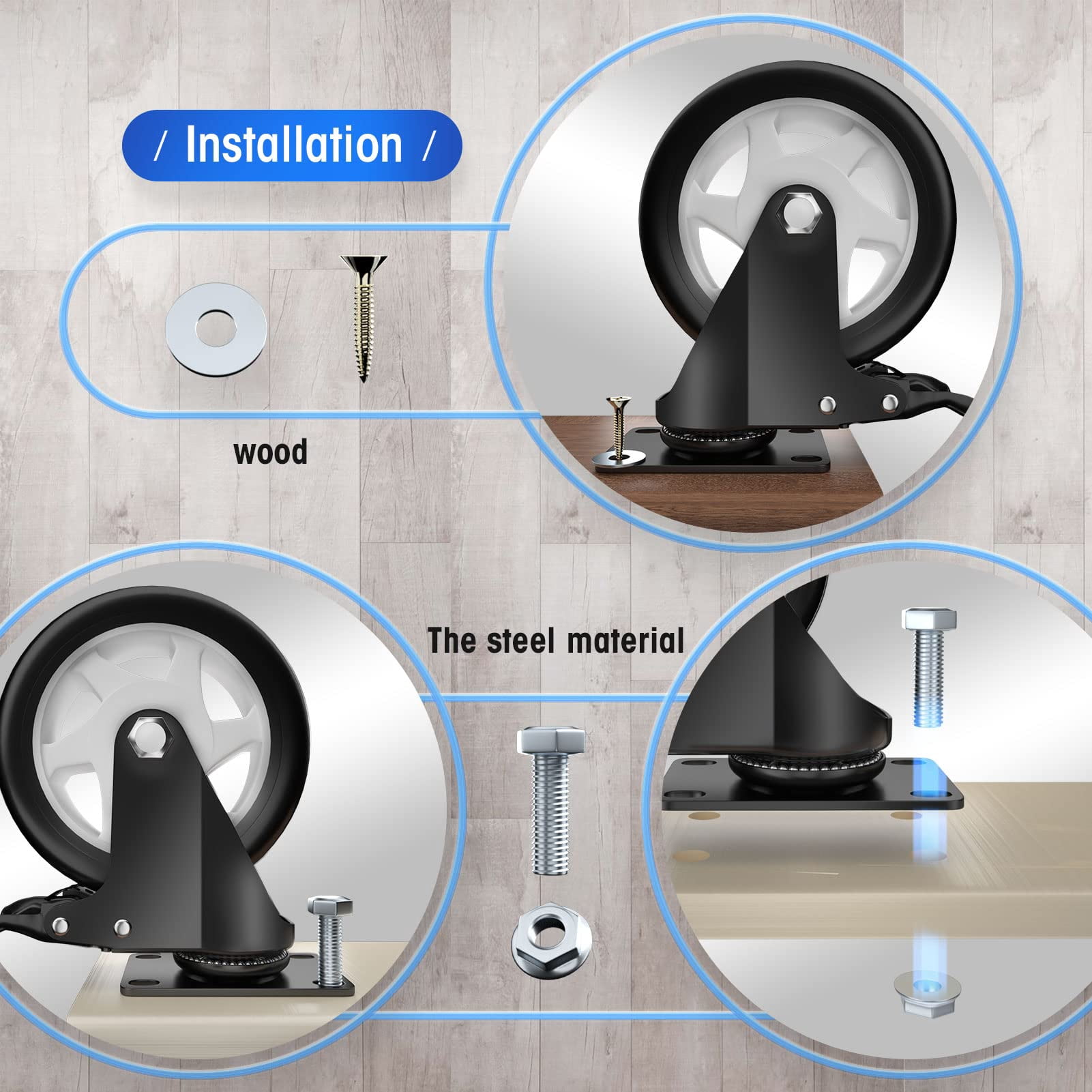 5" Caster Wheels Heavy Duty, ASHGOOB Casters Set of 4 - Non-Marking Black Polyurethane Castors, Top Plate Swivel Wheels, Industrial Casters with Brake, Locking Casters for Furniture and Workbench