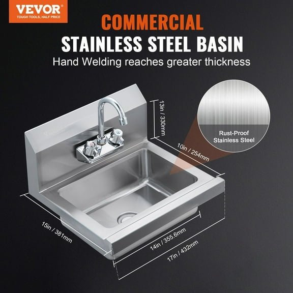NSF Certified Commercial Hand Sink, 17x12.8 Inch Stainless Steel Wall Mount Utility Sink for Kitchen, Restaurant, Bar, Garage & Home Use