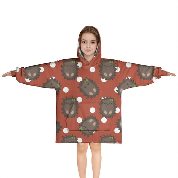 Red Hedgehog Pattern Blanket Hoodies for Kids 6-13YR Oversize Wearable Blanket Hoodies for Boys Girls Teens