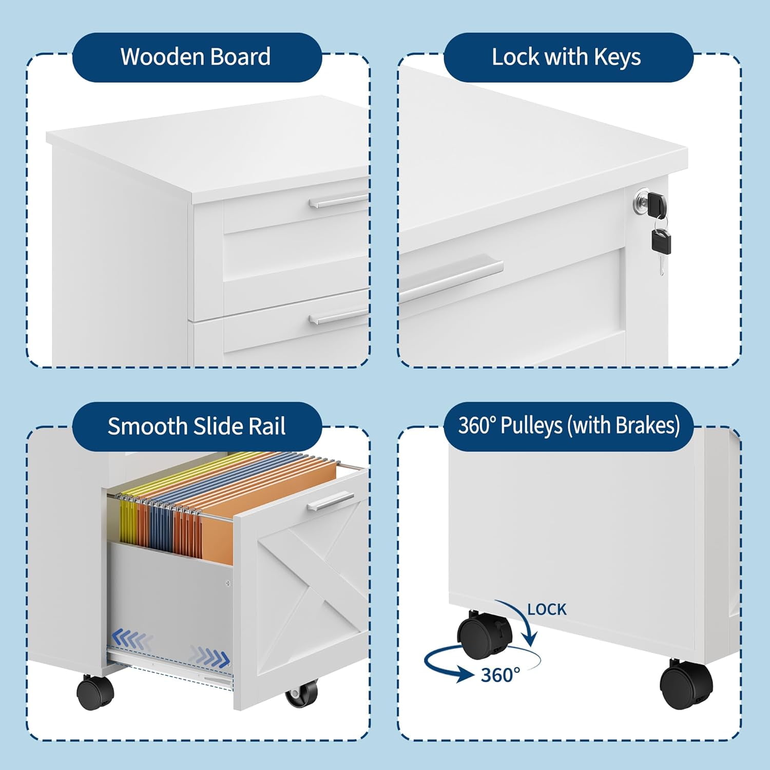 3-Drawer File Cabinet with Lock, Mobile Under Desk Filing Cabinet for Home Office, Wood Storage Organizer for Letter/a4/Legal Size Documents, White