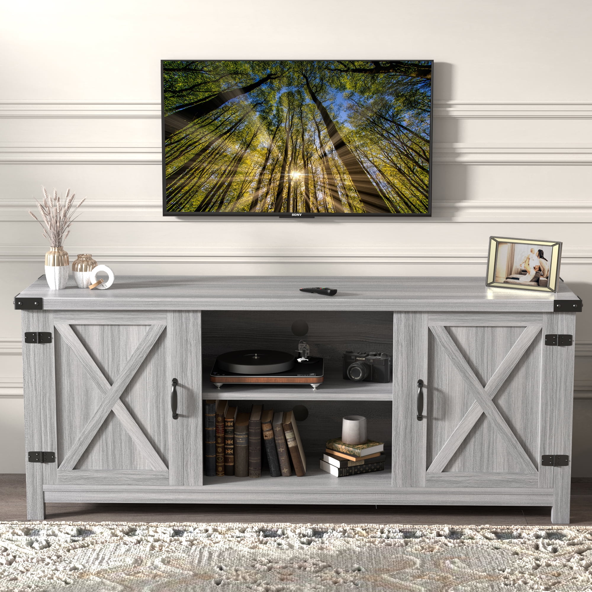 Furmax Barn Door TV Stand Media Console Center Industrial Style for TVs up to 65", Grey Wash