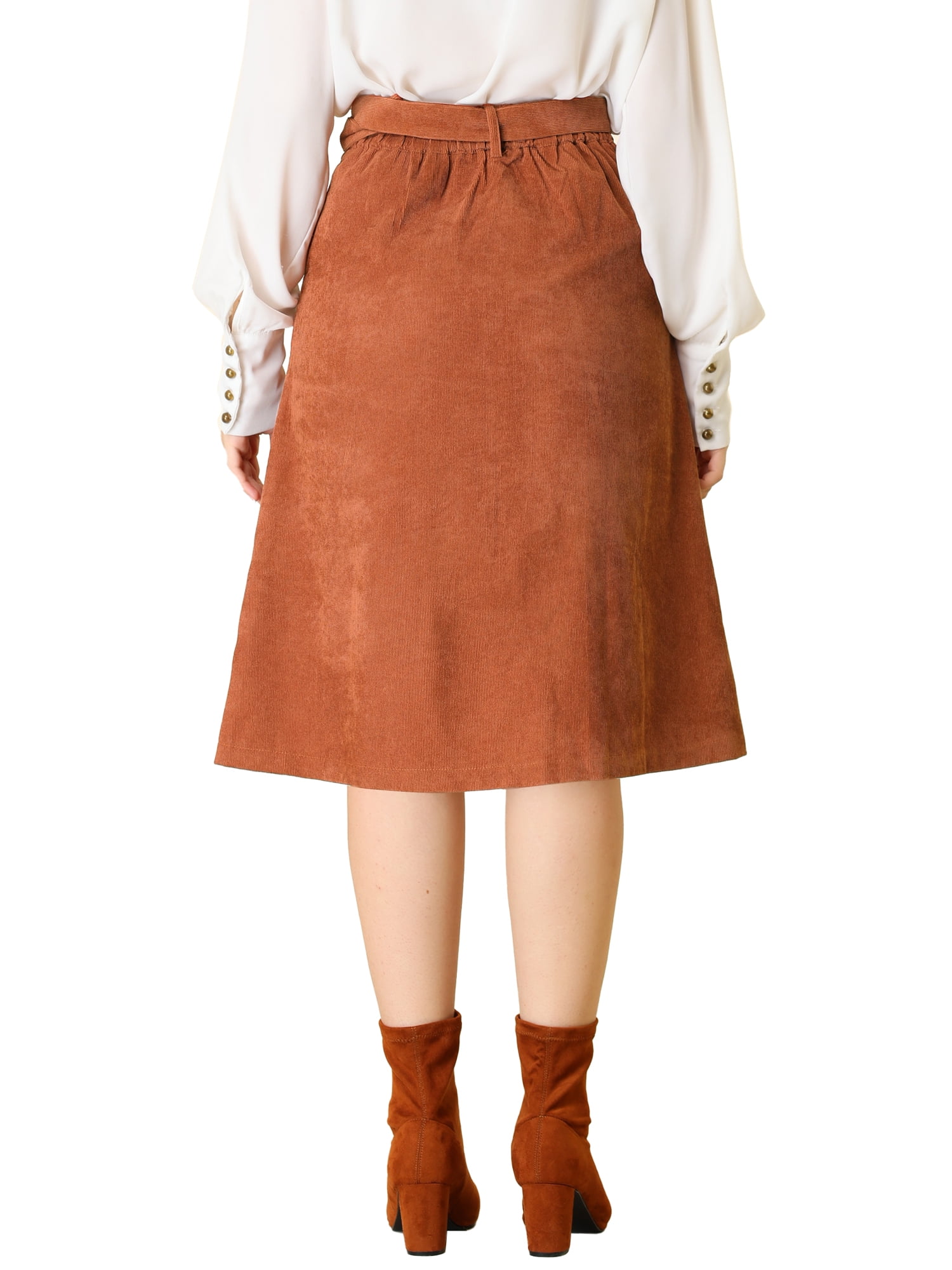 DARING DIVA Women's A-Line Button Front Belted Midi Skirts S Caramel