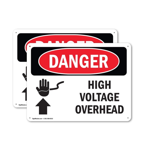 (2 Pack) High Voltage Overhead OSHA Danger Sign 24 Inch X 18 Inch Indoor / Outdoor Rust-Free Aluminum Metal Signs for Workplace, Workshop, and Construction Site, Made in the USA