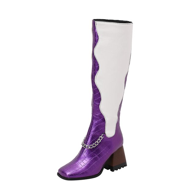 Wolfast Oversized Women's Fall/Winter Velvet Lining Color Matching Rectangle Toe Thick High Heels Long Chain Boots,Purple