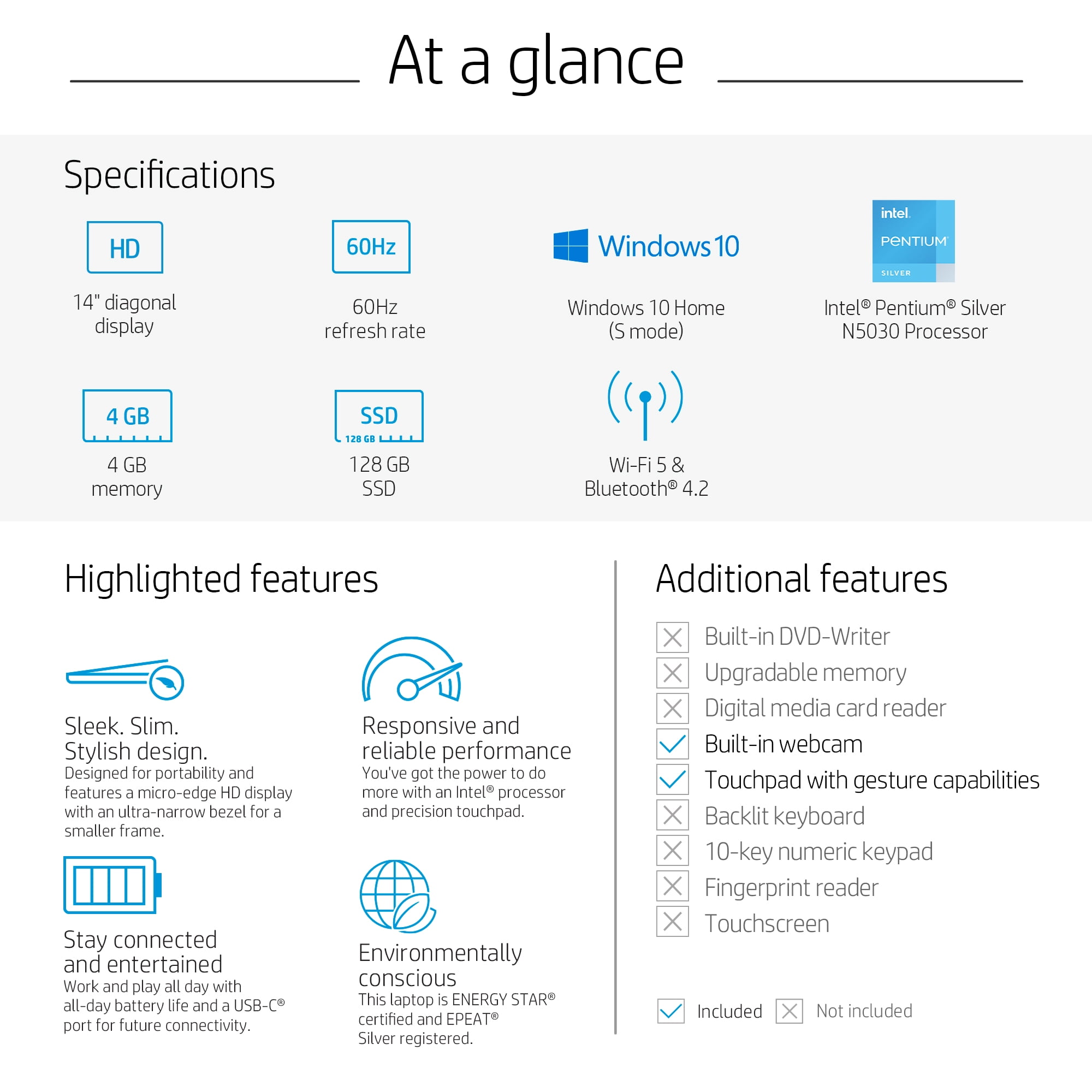 HP 14, Intel Pentium N5030, 4GB RAM, 128GB SSD, Silver, Windows 10 in S  Mode w/Office 365 and Mouse, 14-cf2033wm 