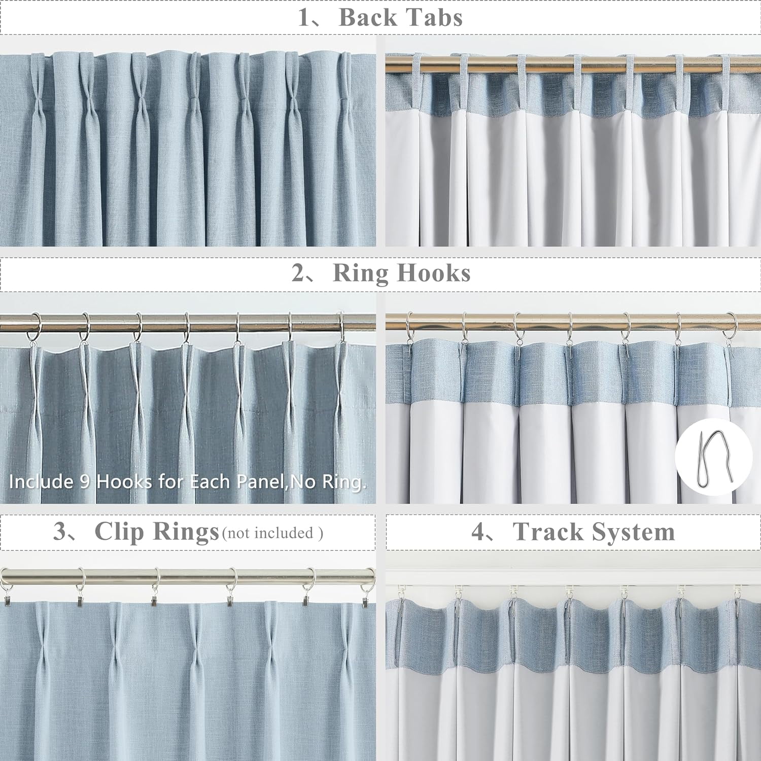 90 Inches Length Dusty Blue Pinch Pleated 100 Blackout Curtain Panels with Liners,Linen Textured Drapes for Bedroom Living Room,Energy Efficient Backtab Hooks Window Treatment,40" Wx90 Lx2