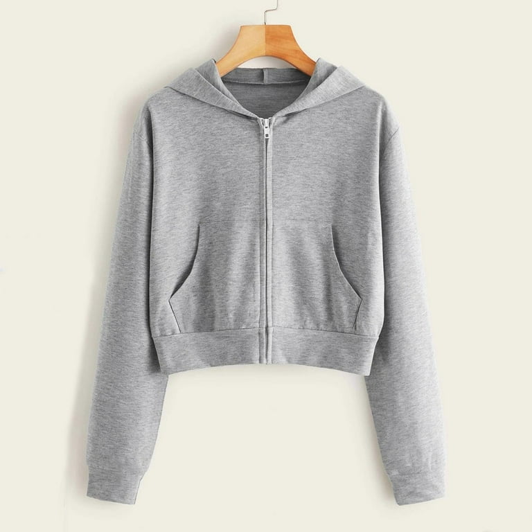 Dezsed Hoodies for Women Casual Zip Up Drawstring Cropped Hoodie Long  Sleeve Short Sweatshirt Hooded Crop Jacket Top with Pockets Gray XL  Clearance