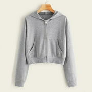 Zpanxa Cropped Sweatshirts for Women Casual Solid Long Sleeve Zipper Pocket Hoodies Cute Hooded Sweatshirt Tops Gray S