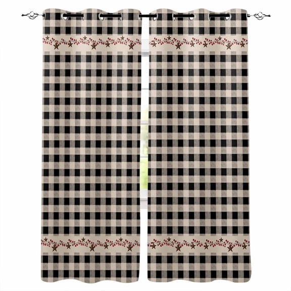Fsddascl Country Star Plaid Blackout Curtains for Bedroom/Living Room, Thermal Insulated Kitchen Curtains, Black Retro American Farm Barn Berry Grommet Darkening Window Treatment Drapes 42"x63"x2