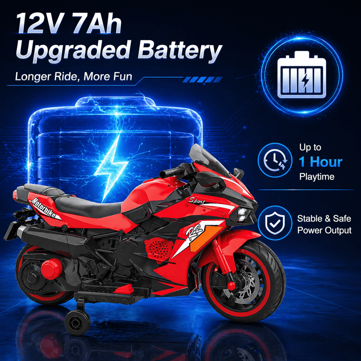 AJOOSOS Electric Motorcycle for Kids 3-5 Years Old, 4 MPH Max Speed, 12V 7AH Battery Powered, LED Lights, Bluetooth Music, Red
