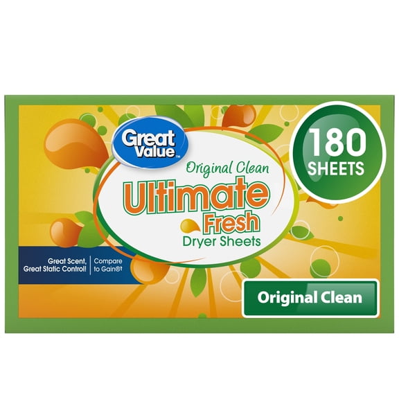 Great Value Ultimate Fresh Dryer Sheets, Original Clean, 180 Count, Compare to Gain®