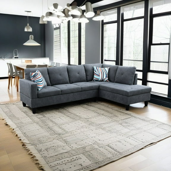 Hommoo Modern L-Shaped Sofa, Flannelette 2-Piece Living Room Sofa, 4-seater Convertible Sofa, Suitable for Apartment, Office, Home Furniture, Dark Grey (No Ottoman)