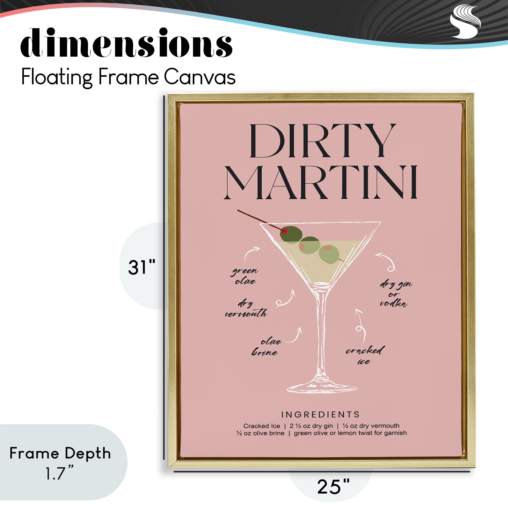 Stupell Industries Dirty Martini Pink Recipe Gold Framed Floater Canvas Wall Art, design by Lettered and Lined