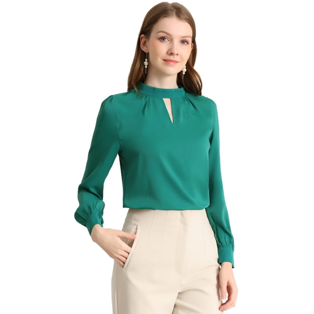 INSPIRE CHIC Women's Keyhole Stand Collar Pleated Back Button Blouse Tops