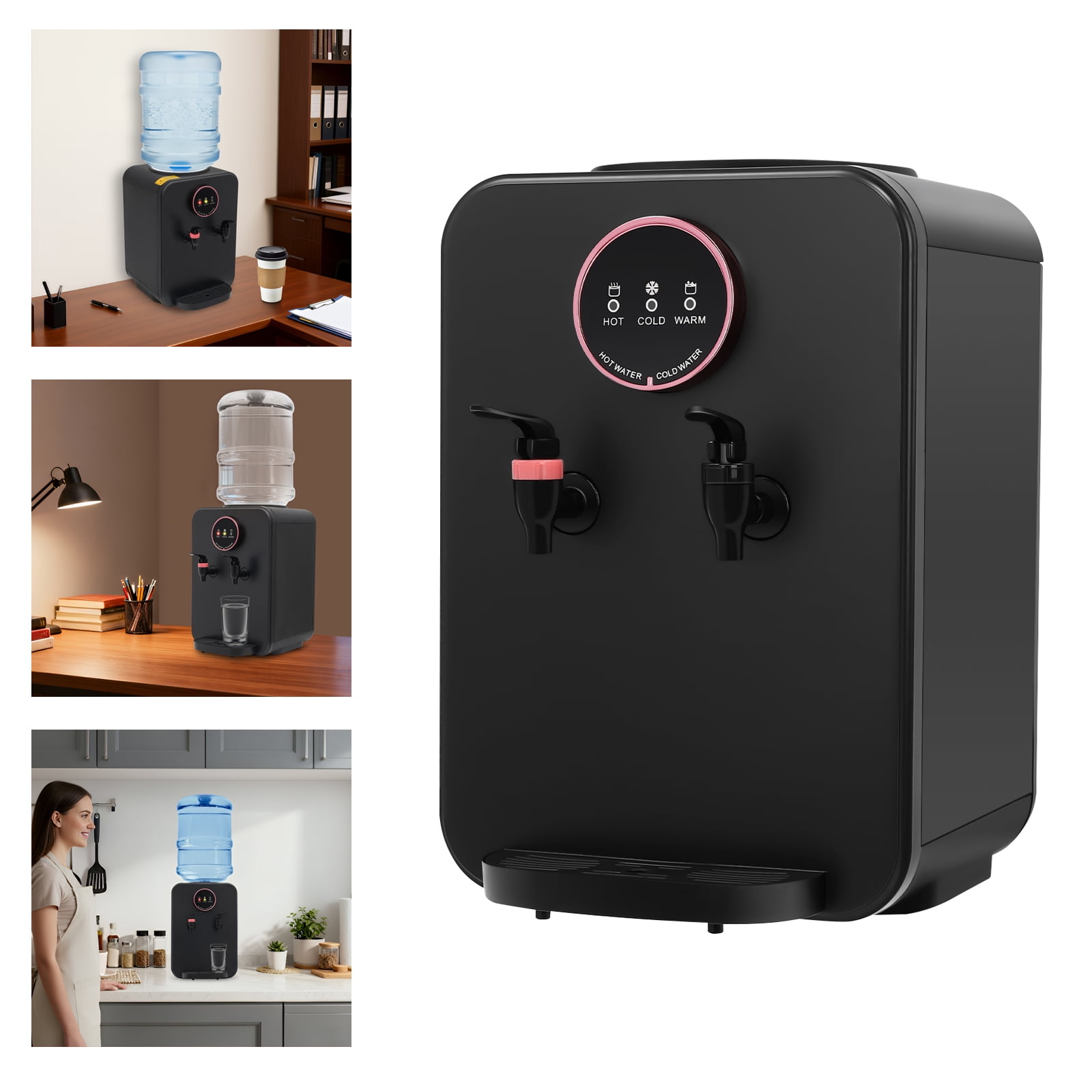 Countertop Hot and Cold Water Cooler Dispenser, Efficient Cooling/Heating, Top Loading Countertop Water Dispenser for Home Office Use, Holds 5 Gallon Bottles (Black)