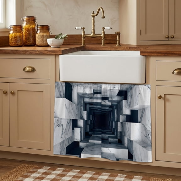 Marble Tunnel Cabinet Curtains 28"W x 35L, Modern 3D Corridor Minimalist Under Sink Skirt for Bathroom Vanity Kitchen Self Adhesive, Dust-Proof Privacy Curtain for Closet Shelves Laundry Room