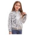 thumbnail image 3 of Linjinx Kids Girls Sequin Bomber Jacket Zipper Lightweight Long Sleeve Sparkle Jackets Outerwear Silver 14, 3 of 7