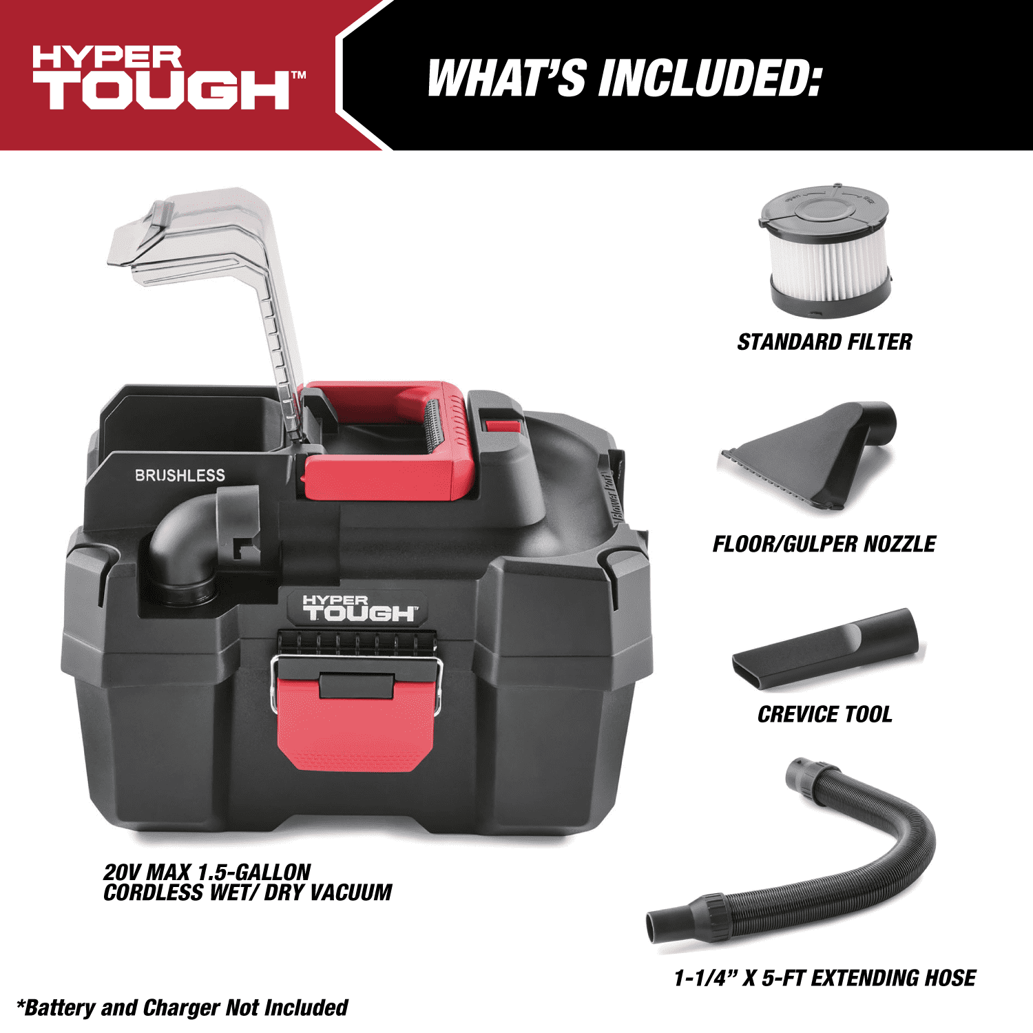 Hyper Tough 1.5-Gallon Wet Dry Vacuum, 20V Max, Cordless, Tool Only