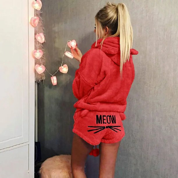 Conjunto de pijamas de franela con capucha para mujer, ropa de dormir de invierno, cálida, pantalones cortos con capucha, para Navidad, Sexy para el hogar