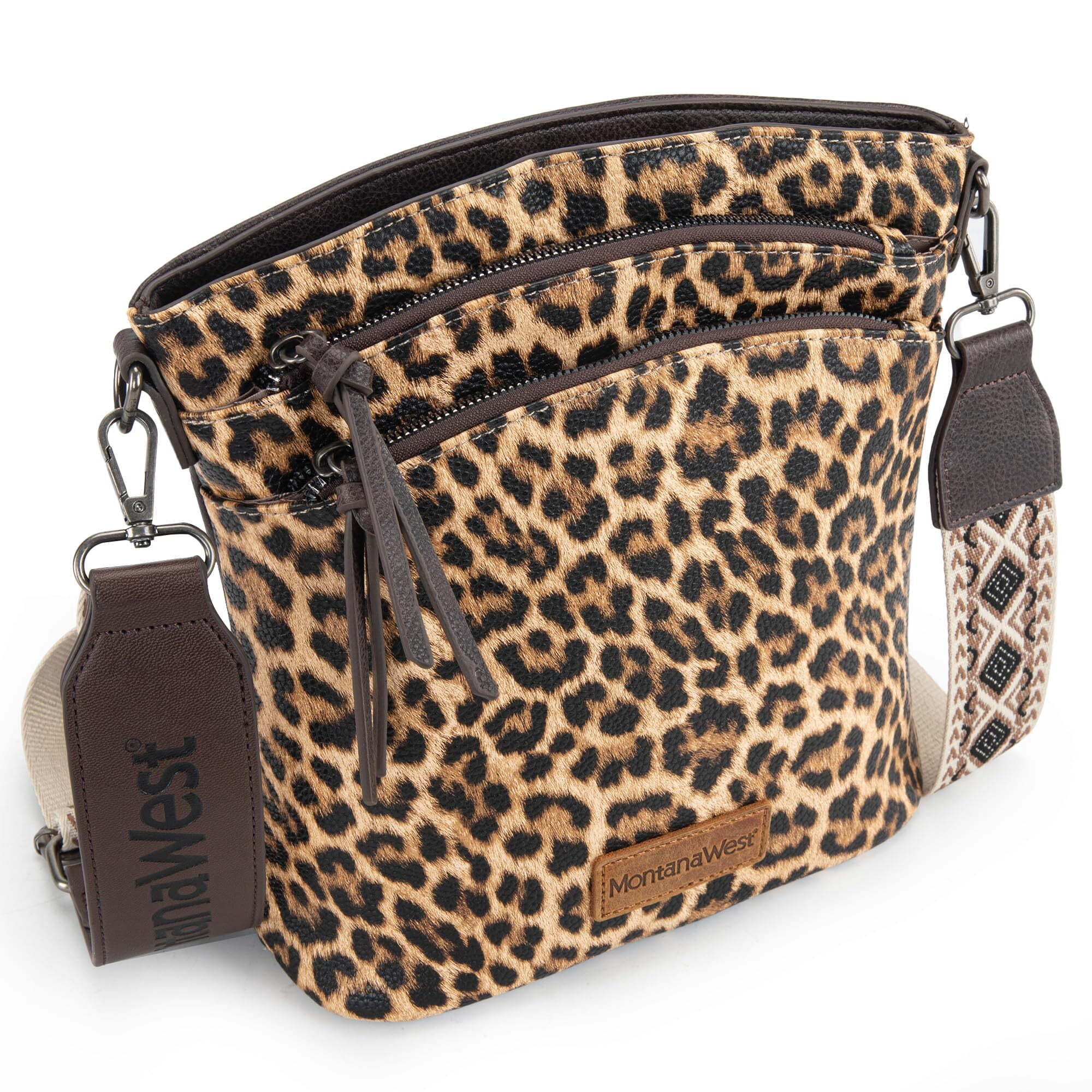 Montana West Multi Zip Pocket Large Crossbody Bag With Guitar Strap, C-Leopard
