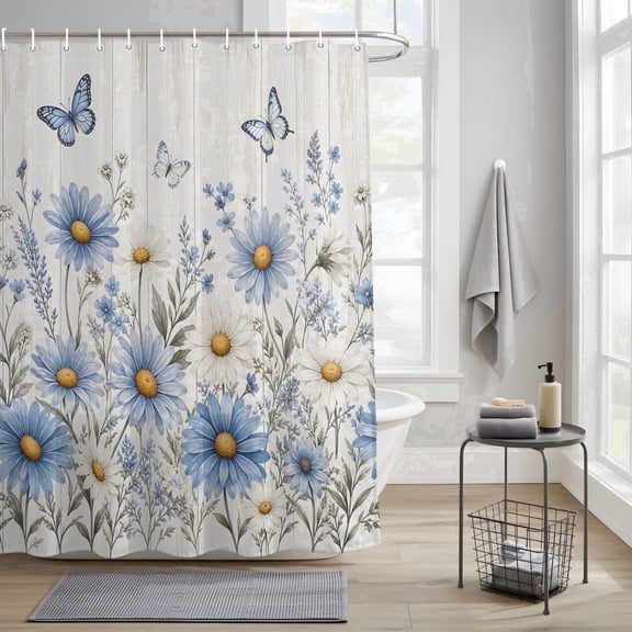 Bedliving Shower Curtain Set with 12 Hooks, Blue Daisies and Butterflies Waterproof Fabric, 72" x 72"