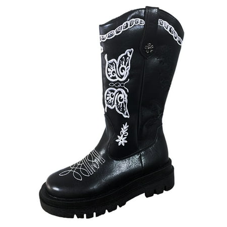 

XINSHIDE Boots Women Embroidered Cowboy Western Boots Mid Calf Round Toe Chunky Heel Pull On Design Western Boots For Ladies Party And Outdoor Autumn Winter Boots