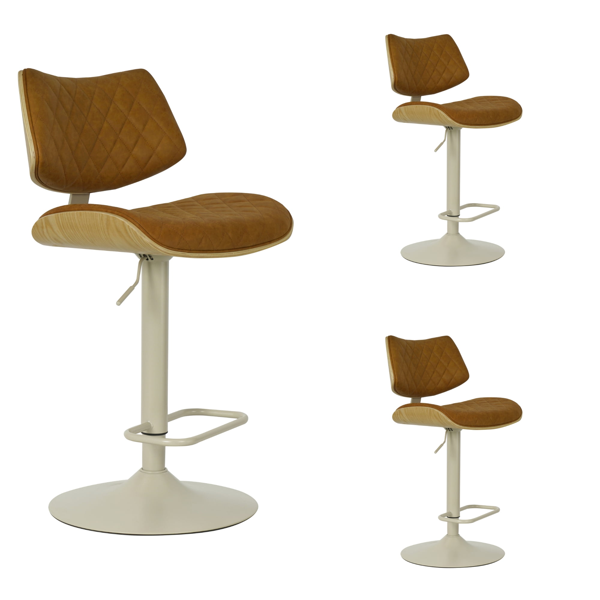 Leland Adjustable Swivel Camel Curved Back Wood Bar Stool with Faux Leather Seat Set of 3