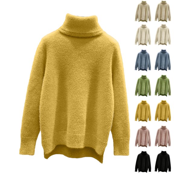 MexChoioe Women's Sweaters Turtleneck Fuzzy Plush Knit Long Sleeve Hi‑Lo Hem Pullover for Women
