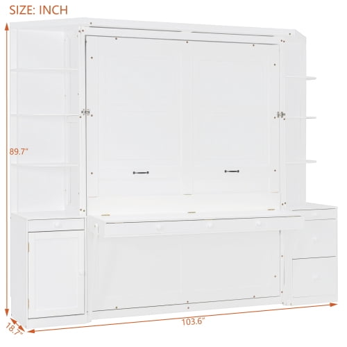 Queen Murphy Bed with Desk, Hidden Workstation, Storage Shelves & Cabinets, Wall Bed with Lights, White
