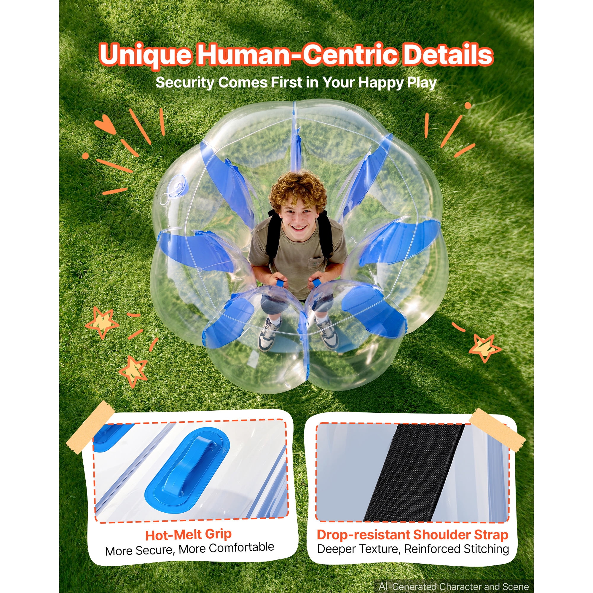 KFFKFF Set of 4 Inflatable Bumper Balls in 3FT and 4FT Sizes, Blue and Red, Designed for Kids and Teens, Ideal for Backyard, Camping, Picnics, Made from Durable PVC Material with Handles for Easy Use