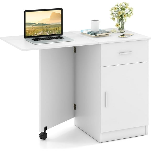 CZMJY Folding Computer Desk with Storage Drawer & Cabinet, Compact Home Office Desk with Adjustable Shelf, Space-Saving Foldable Side Table for Bedroom, Office, Study (White)