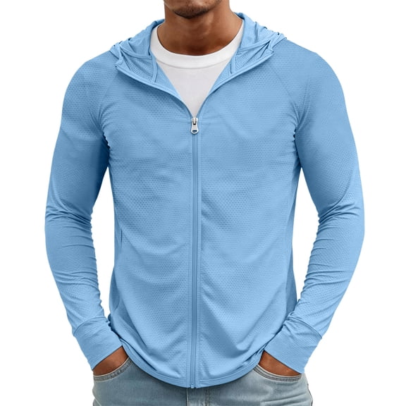 Sorvello Mens Lightweight Sun Protection Jacket Full Zip Hooded Long Sleeve Breathable Outdoor Riding Fishing Hiking Top Blue L