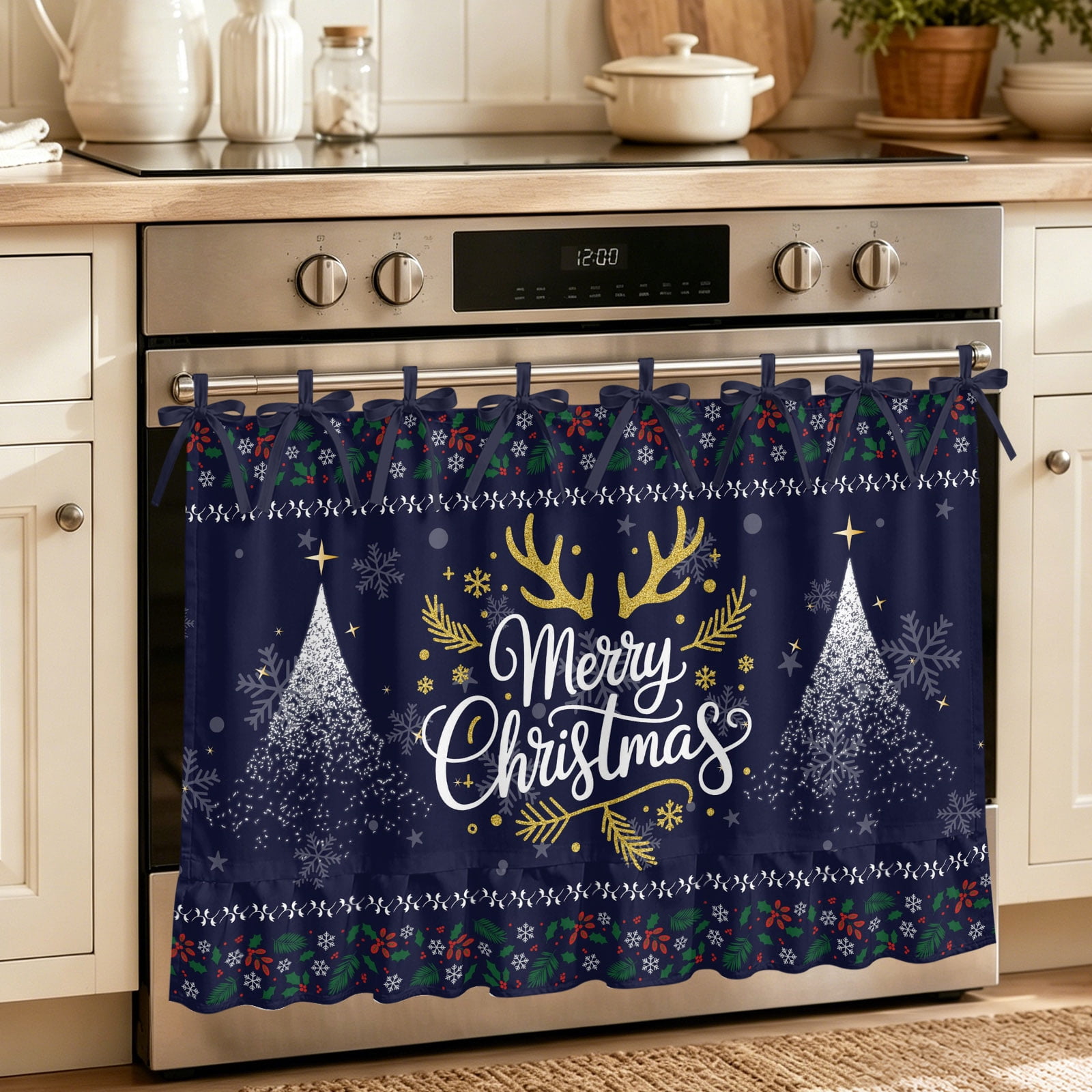 Oven Curtain for Kitchen Blue Merry Christmas Elk Snow Stove Curtain With Ruffled Trim Dishwasher Curtains Winter Plants Shiny Stars Oven Skirt 32 x24