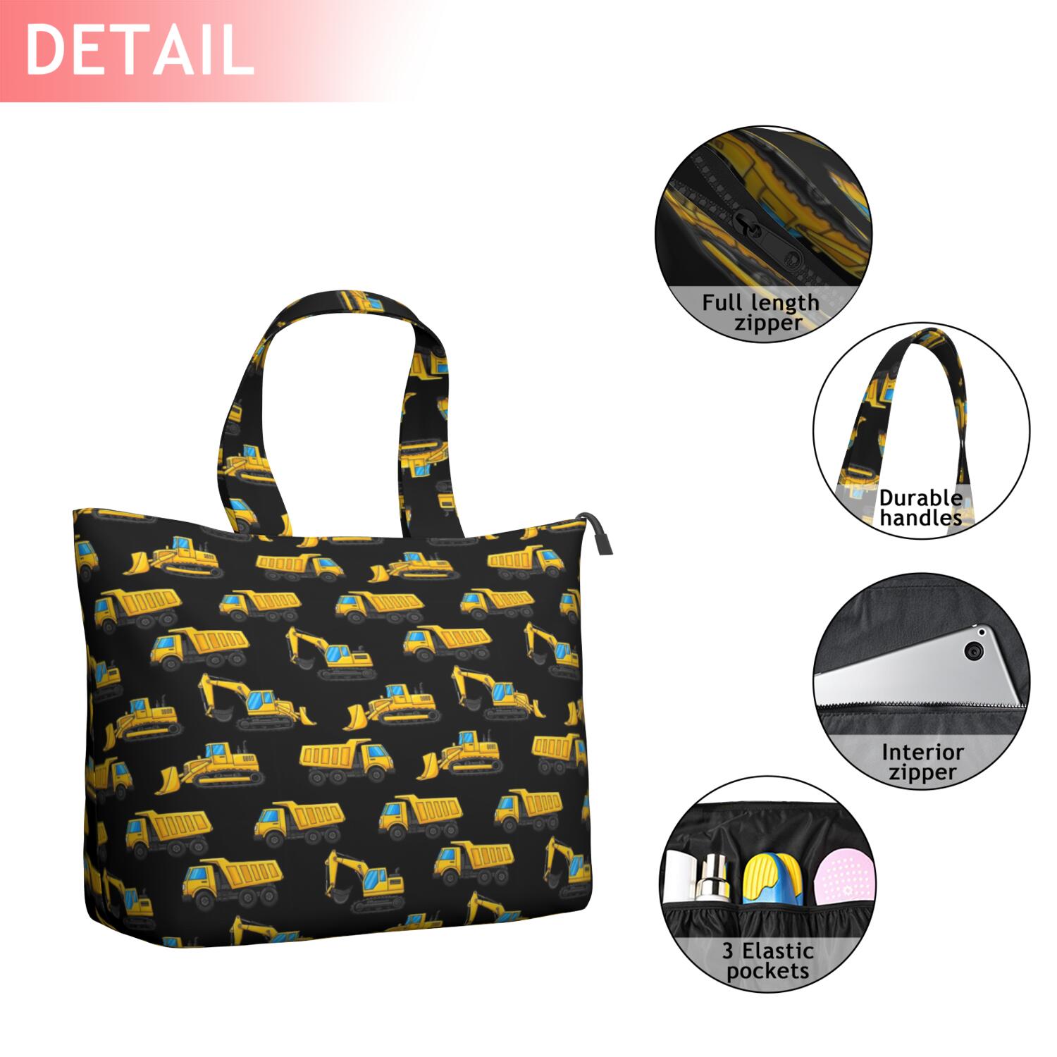 Cartoon Construction Vehicles Excavators Travel Tote Bags for Women Carry On,Large Weekender Bags for Women Travel,Multi Functional Duffle Bag for Work,Shopping,Sports