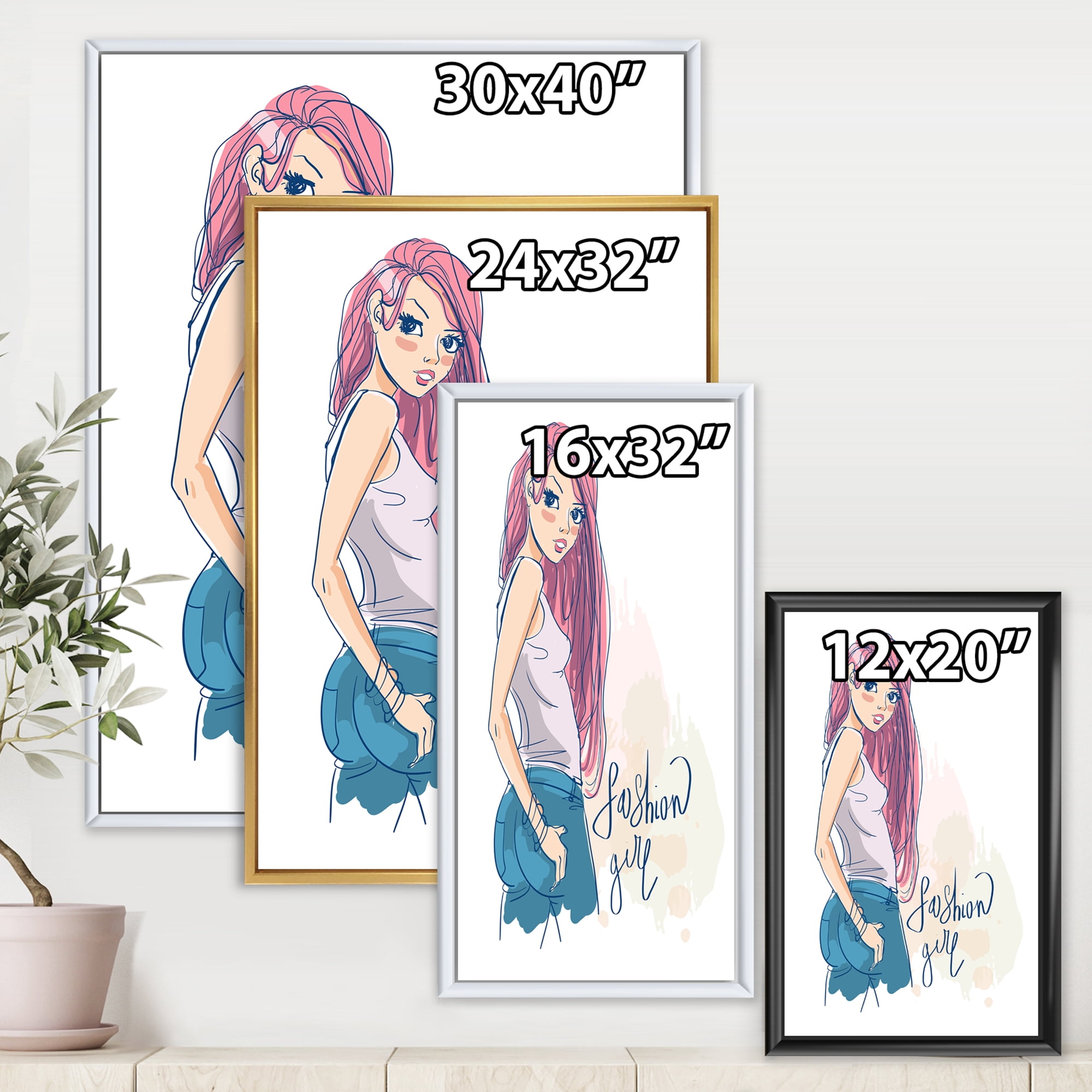 Trendy Fashion Woman I 12 in x 20 in Framed Painting Canvas Art Print, by Designart
