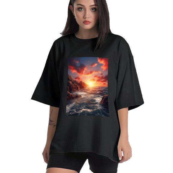 Plus Size Shirt for Women Black Tops for Women Short Sleeves Shirt for Women Sunset 1 T Shirt Crewneck Shirt for Women XS