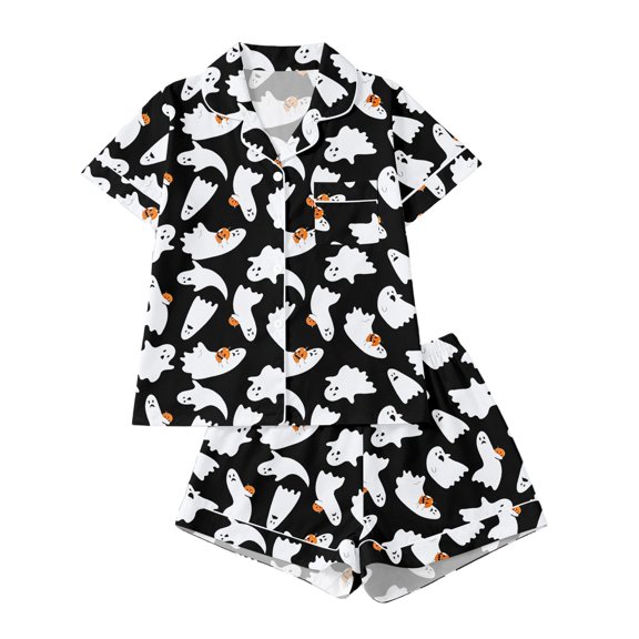 WOYY Girls Halloween Short Sleeve Button Down Shirt Shorts Pajamas, 2-Piece, Sizes 3-14