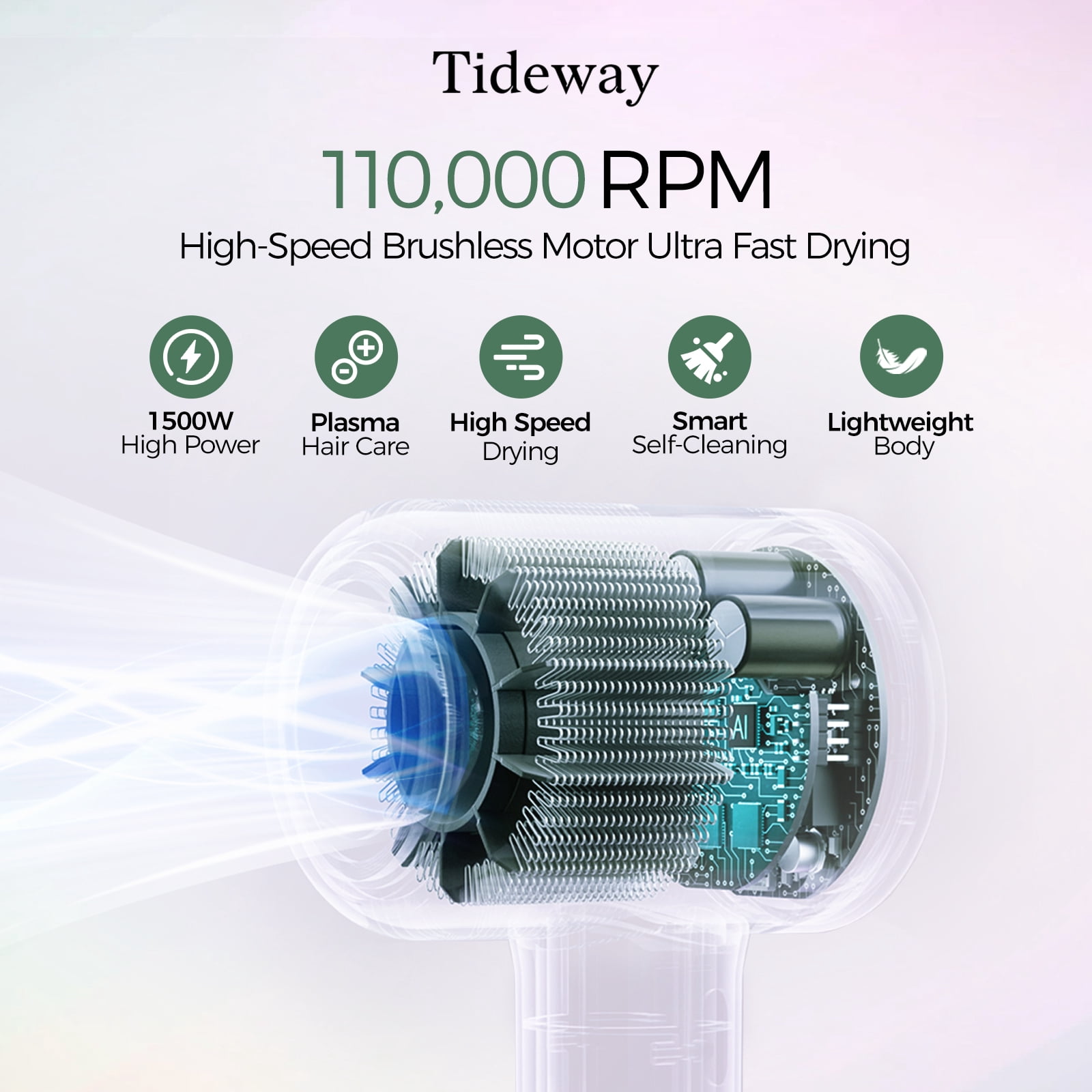 Tideway H11 Hair Dryer with Diffuser, High-Speed 110,000 RPM Brushless Motor, Plasma Tech, Smart Temp Control, Lightweight, Green