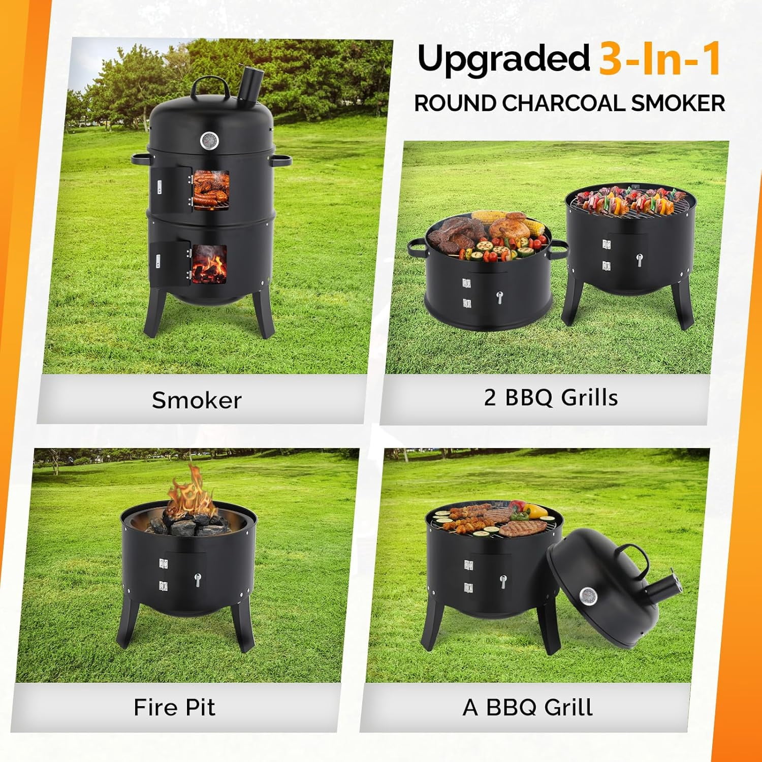 Upgraded 18 Inch Multi-Layer Charcoal Smoker Grill with Chimney, Heavy Duty Round Grill, Vertical Smoker with Thermometer, for Outdoor Cooking, Patio, Parties, Backyard BBQ