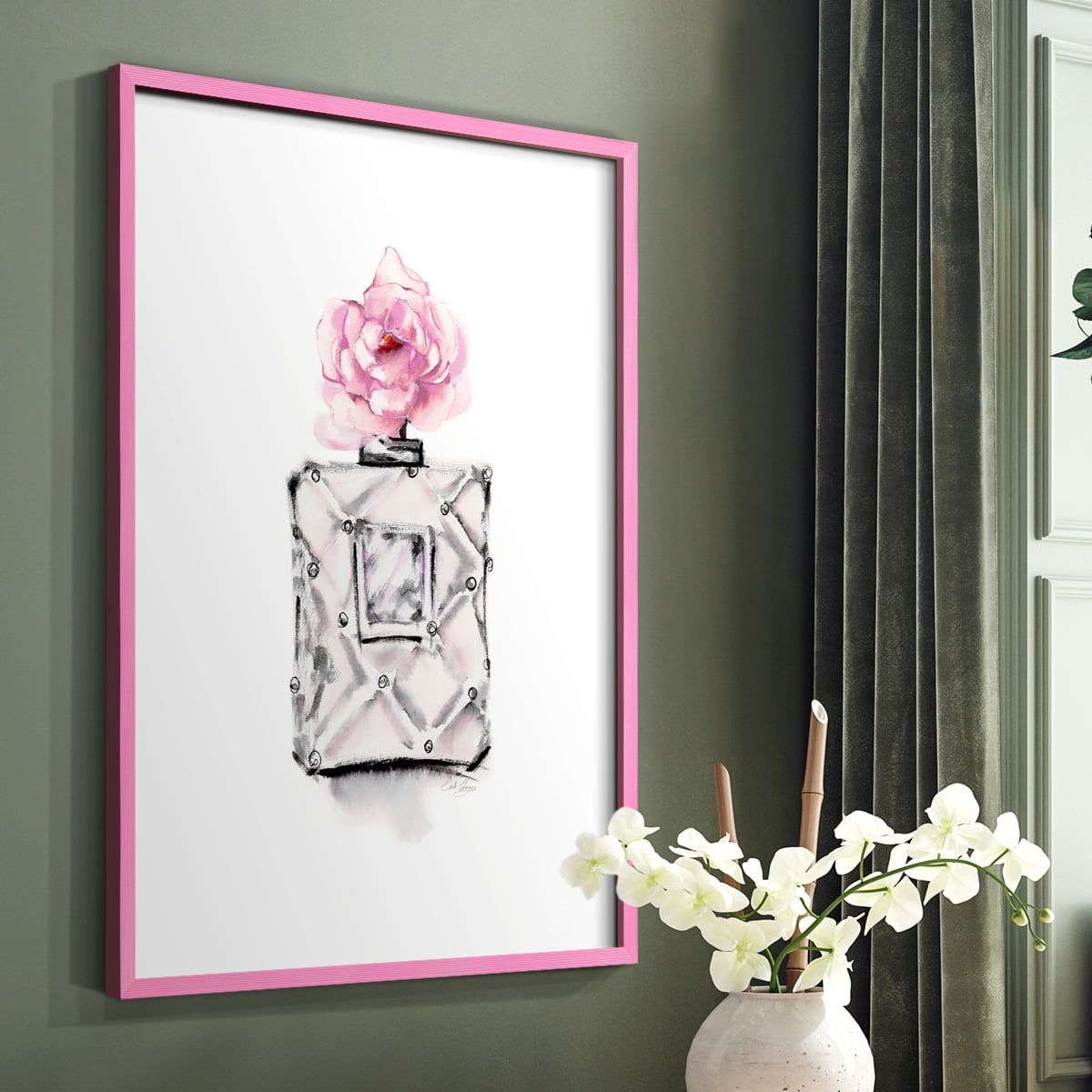 Perfume Bottle in Pink Solid Wood 11 x 14 Framed Print