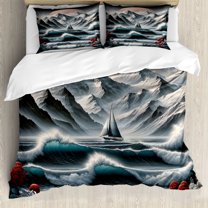 Ambesonne Nautical Duvet Cover Set, Sailing in Abstract Ocean, King, Petrol Blue Red Blue Grey