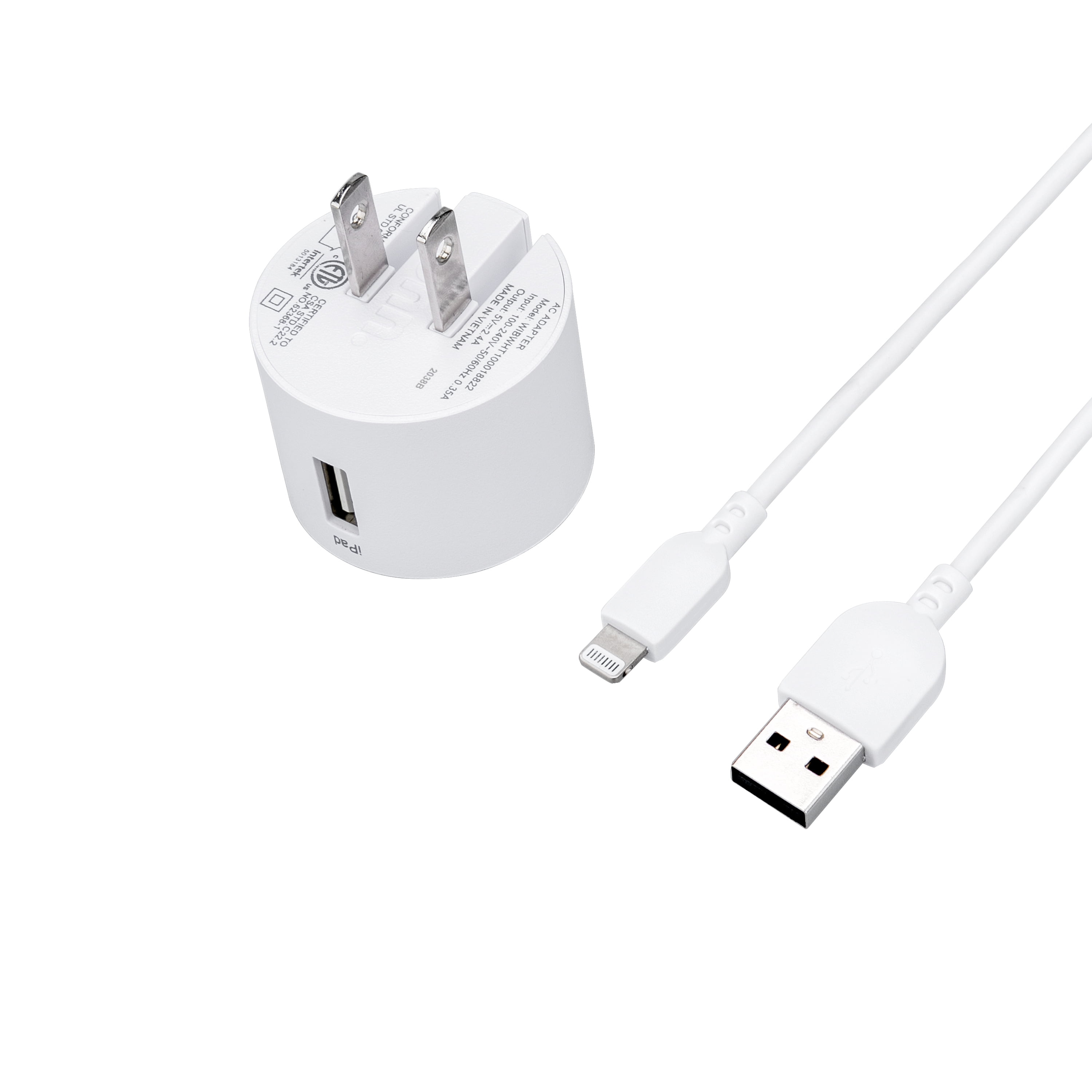 onn. Wall Charging Kit with Lightning to USB Cable, White