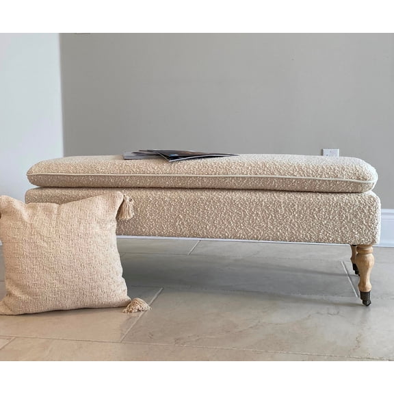 SEAT4U Boucle White Fabric Upholstered Pillowtop 48" Rovigo Ottoman Bench