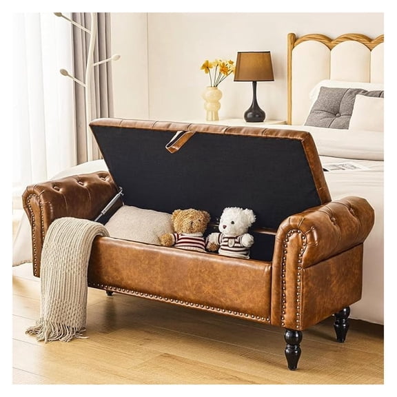 Storage Bedroom for End of Bed, Faux Leather Upholstered Storage Ottoman with Rolled Arms for Bedroom,Living Room, Entryway, 2.5Cubic Feet