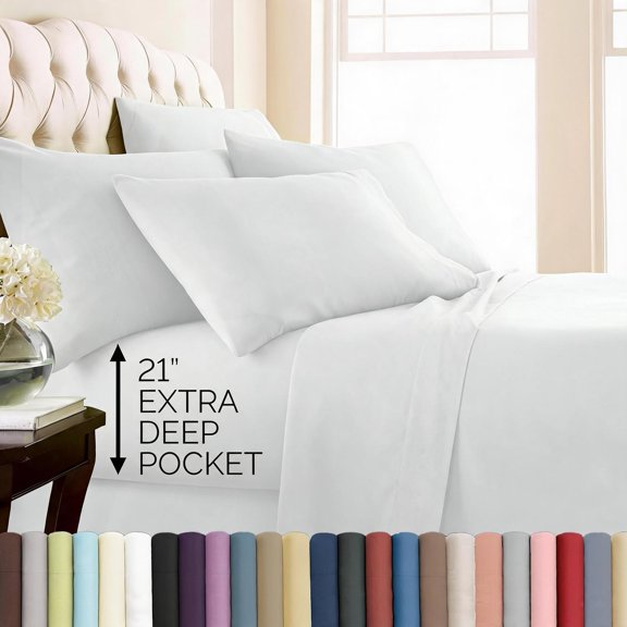 21 Inch Extra Deep Pocket King Sheet Set 6 Piece Double Brushed Microfiber White