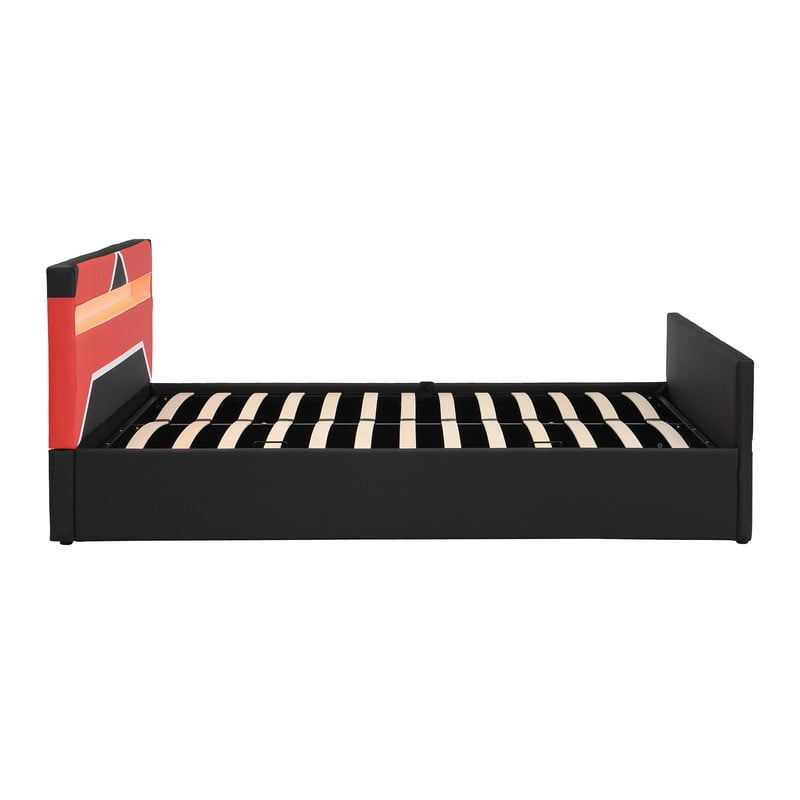 Queen Size Cyberpunk Style Low Profile Bed with LED Lighting Headboard, Hydraulic Storage Platform Bed Frame for Kids/Teens/Adults